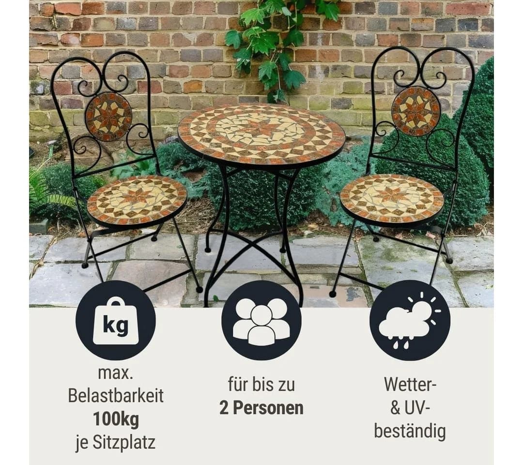 Wohnando Bistroset 3-tlg. Schwarz Terracotta Mosaik Metall