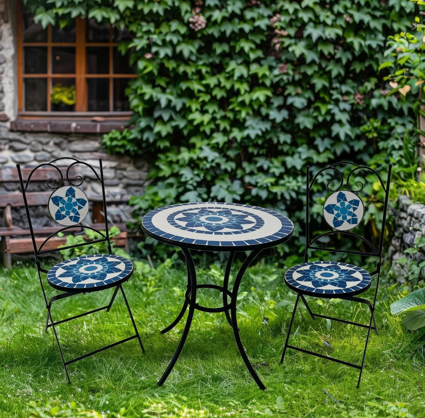 Wohnando Bistroset Orion 3-tlg. Metalltisch Mosaik-Design Weiß/Blau - Bild 2