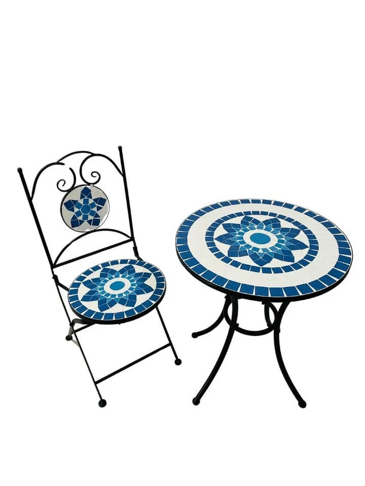 Wohnando Bistroset Orion 3-tlg. Metalltisch Mosaik-Design Weiß/Blau - Bild 4