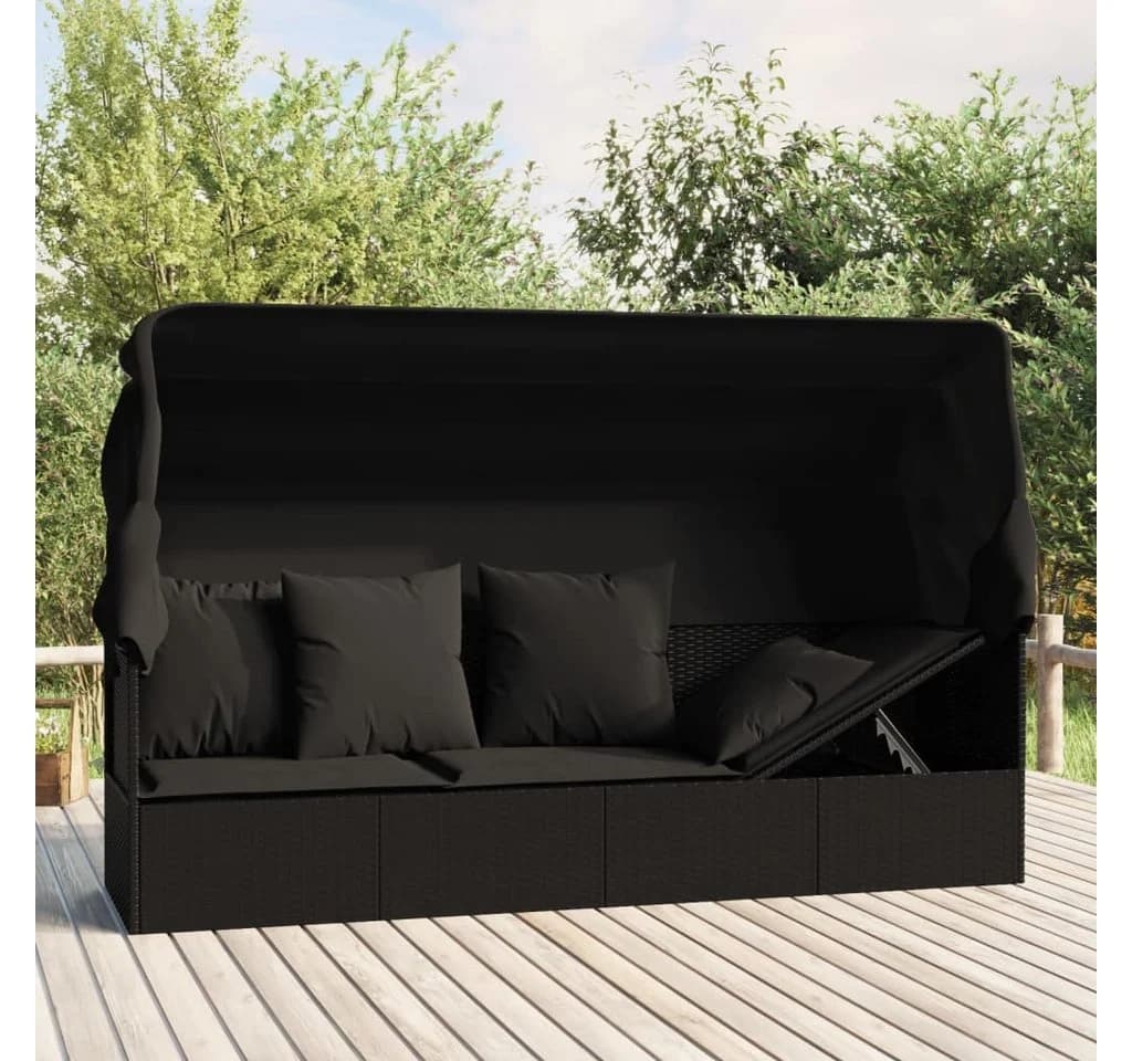 furnicato Loungebett Outdoor mit Dach und Kissen Schwarz