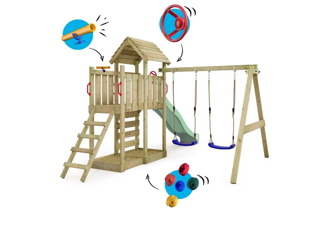Wickey Spielturm MultiFlyer mit Holzdach, Doppelschaukel & Rutsche