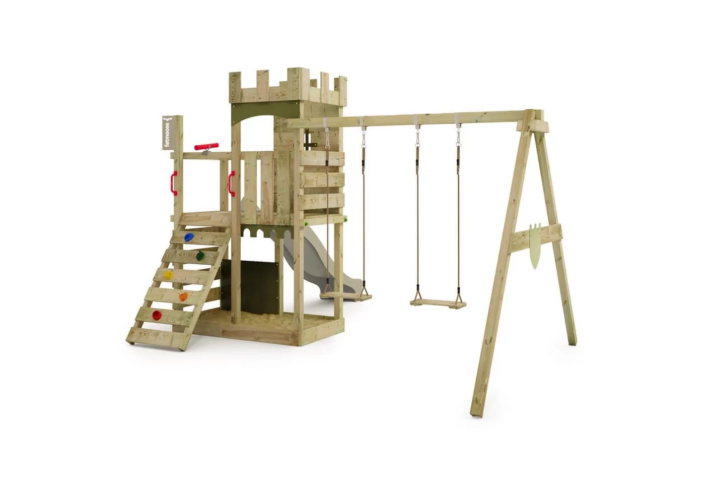 FATMOOSE Spielturm BoldBaron mit Schaukel, Rutsche & Kletterwand, Kletterturm aus Massivholz für Kinder