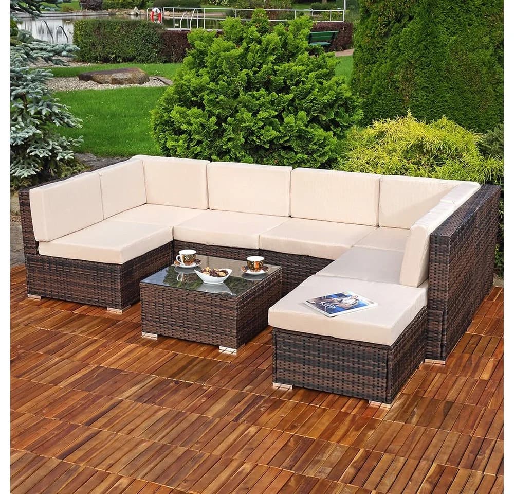 Feel2Home Gartenlounge Set Grau Polyrattan mit Kissen & Tisch