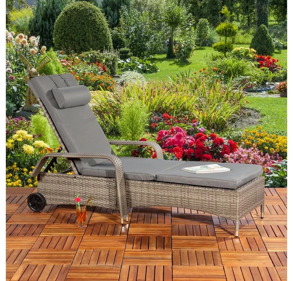 Feel2Home Gartenliege Polyrattan Grau mit verstellbarer Rückenlehne und Kissen