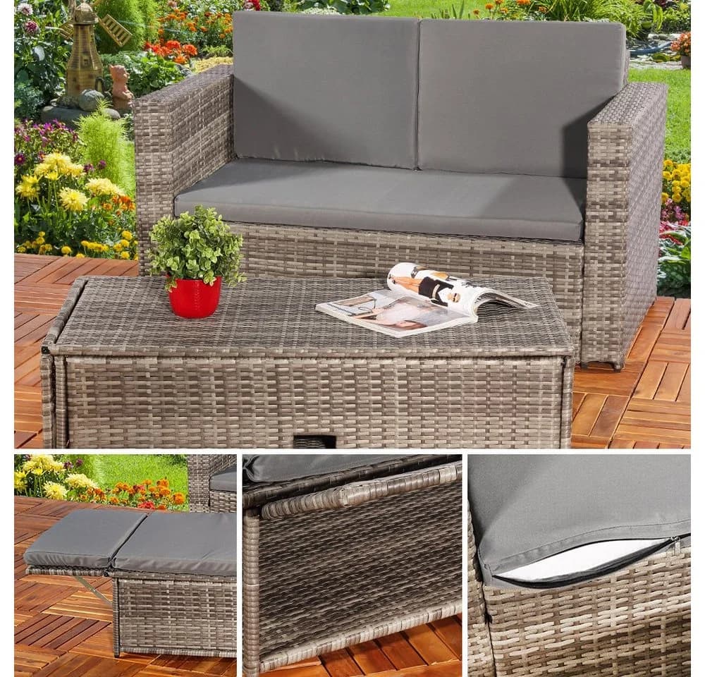Feel2Home Garten-Essgruppe Gartensofa Fußbank Lounge Polyrattan Outdoor Garnitur 2-tlg. Grau
