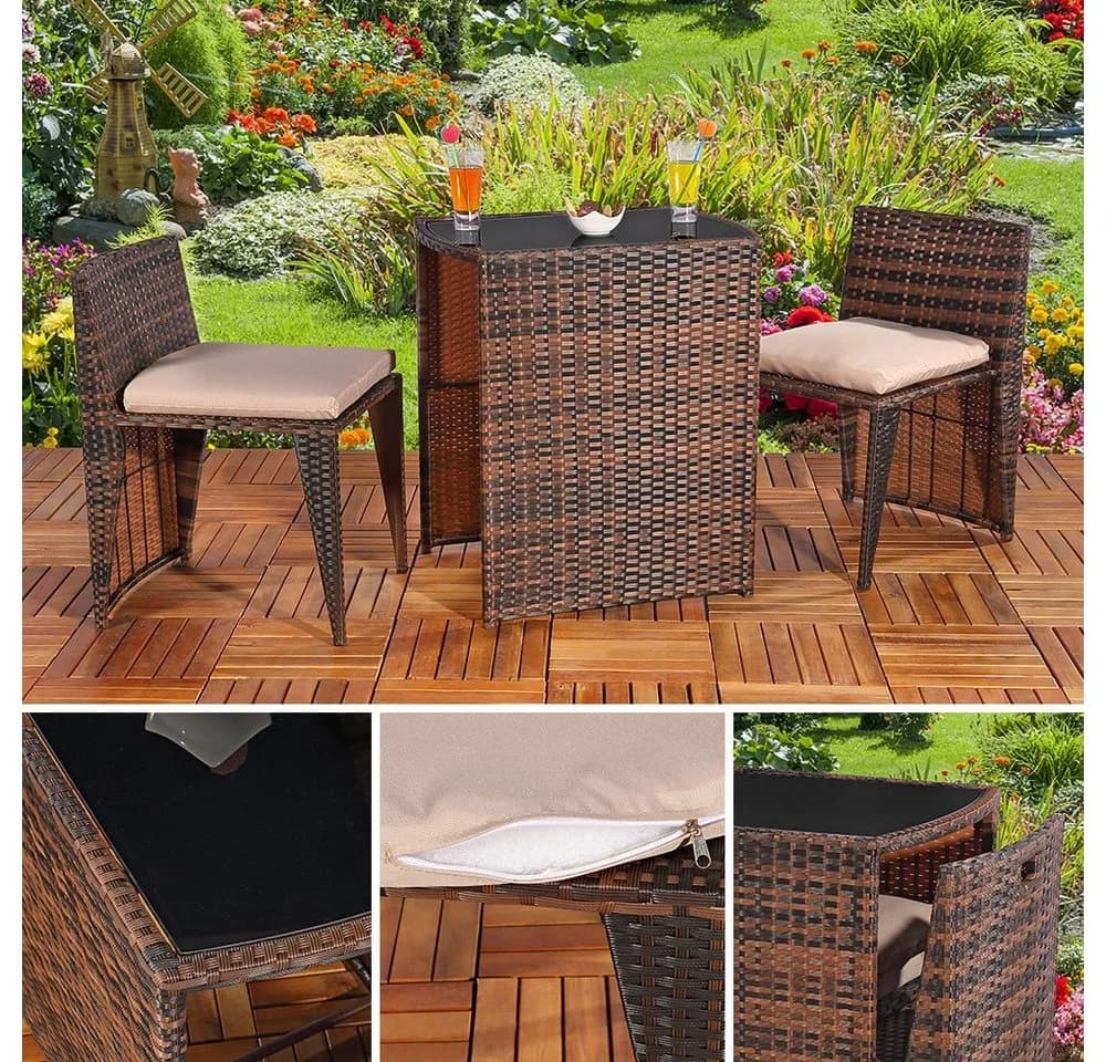 Feel2Home Garten-Essgruppe 3tlg. Schwarz/Beige Polyrattan mit Glasplatte