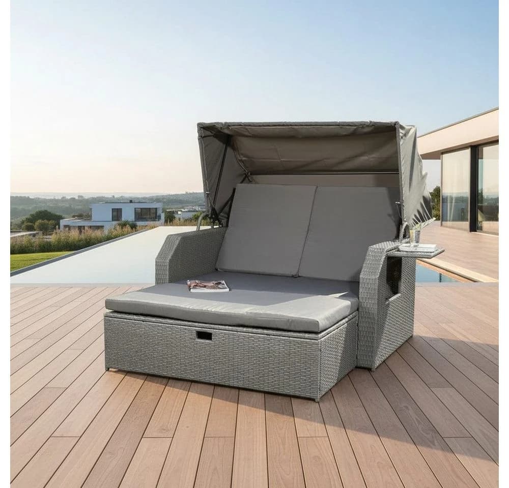 Feel2Home Gartenliege Polyrattan Grau mit Dach und Fußbank