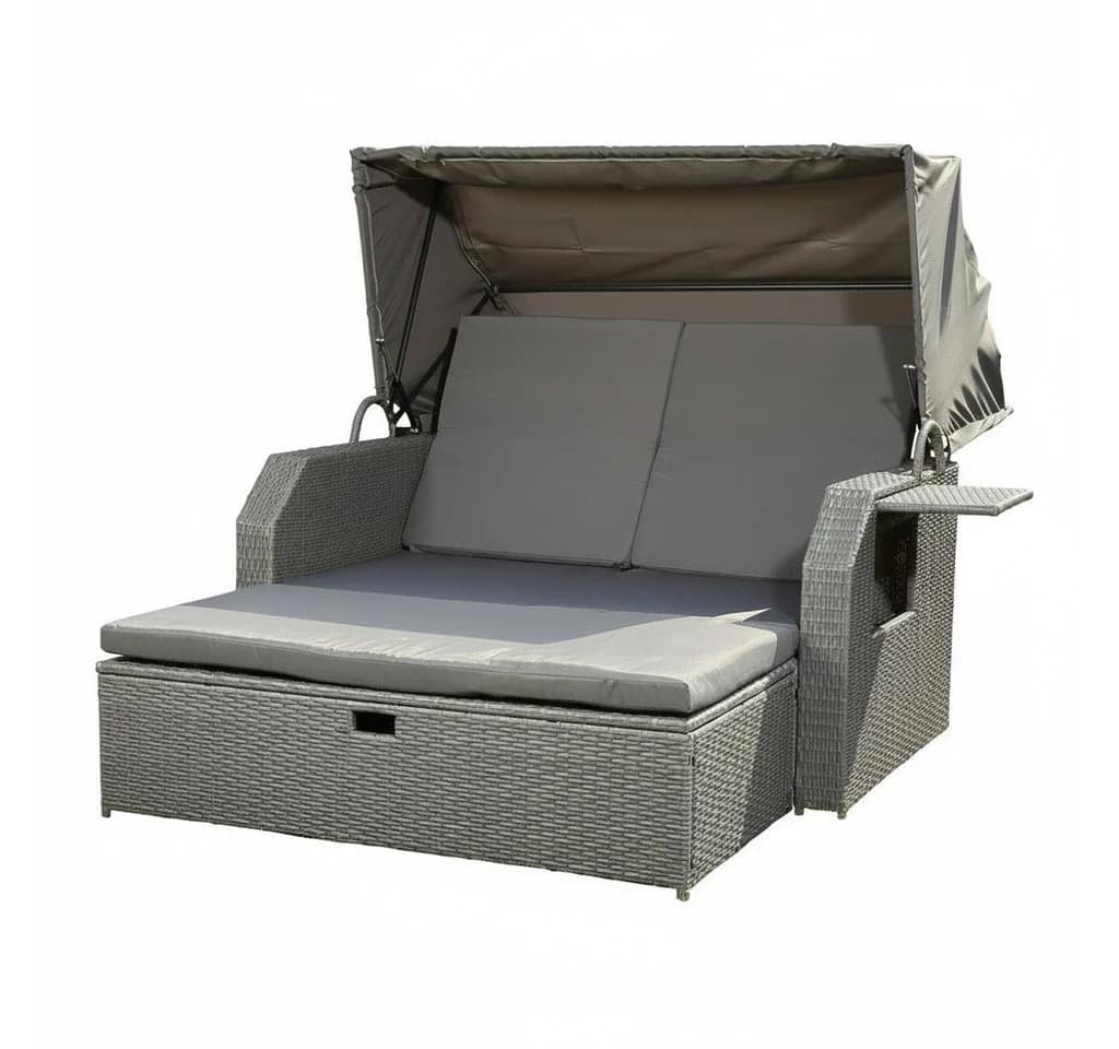 Feel2Home Gartenliege Polyrattan Grau mit Dach und Fußbank - Bild 2