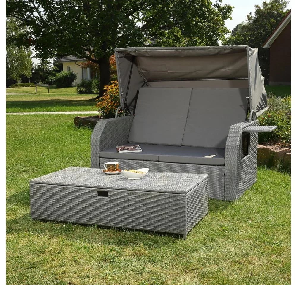 Feel2Home Gartenliege Polyrattan Grau mit Dach und Fußbank - Bild 4