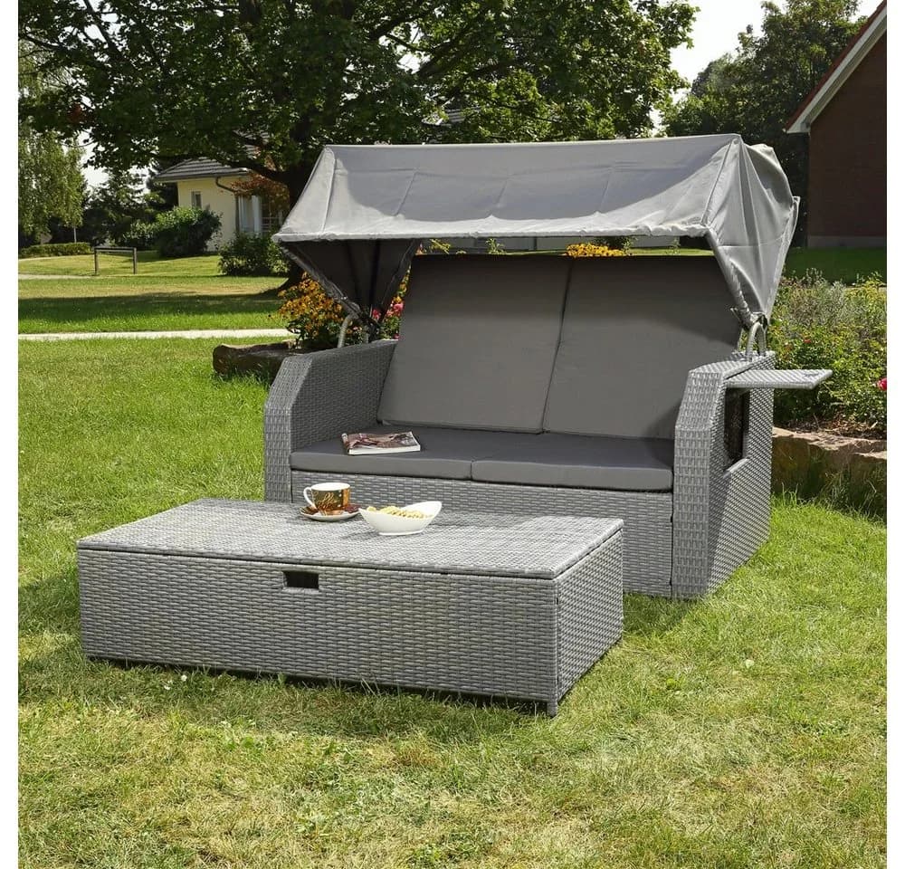 Feel2Home Gartenliege Polyrattan Grau mit Dach und Fußbank - Bild 5