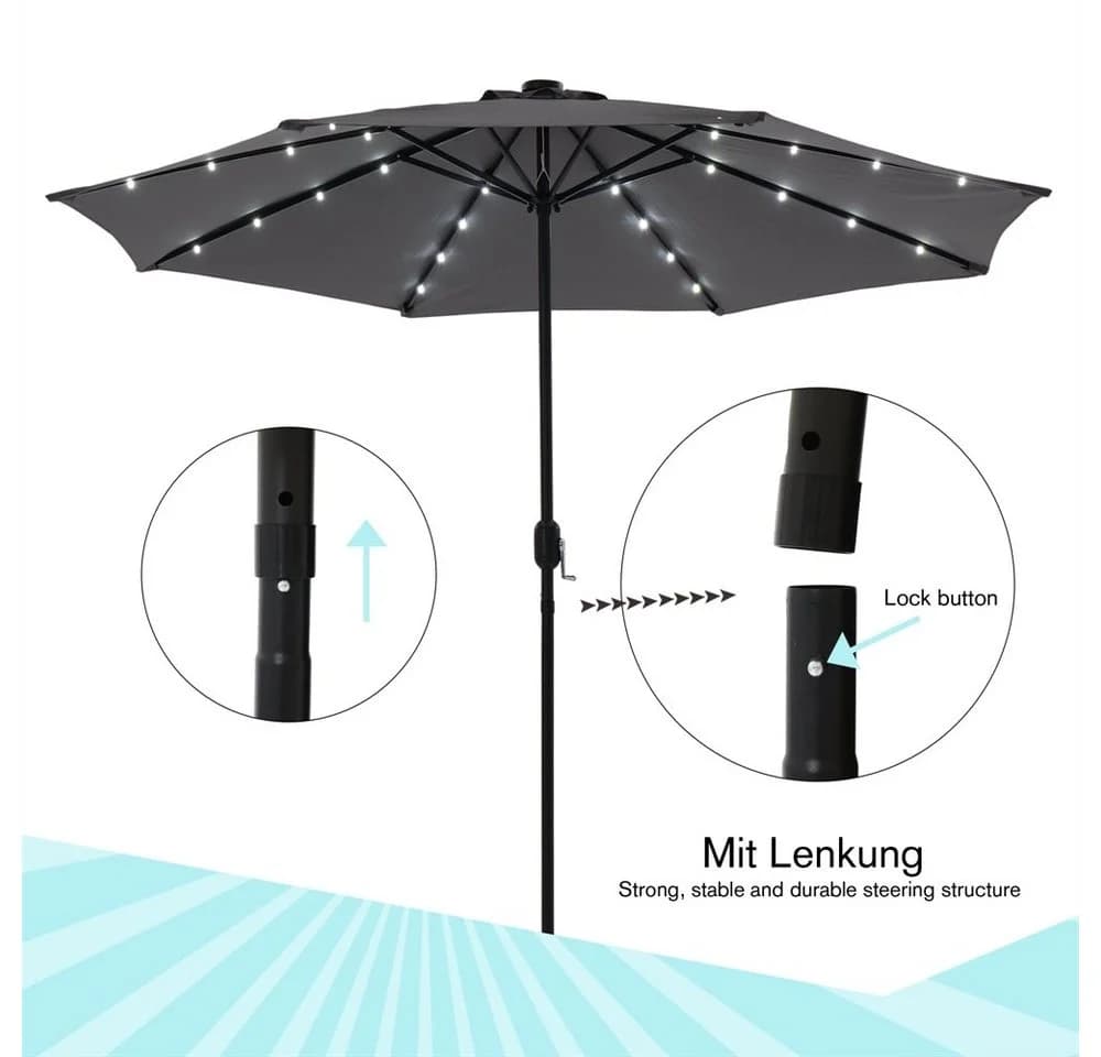 Feel2Home Sonnenschirm Ø3m mit LED-Beleuchtung und Solarmodul Beige - Bild 5