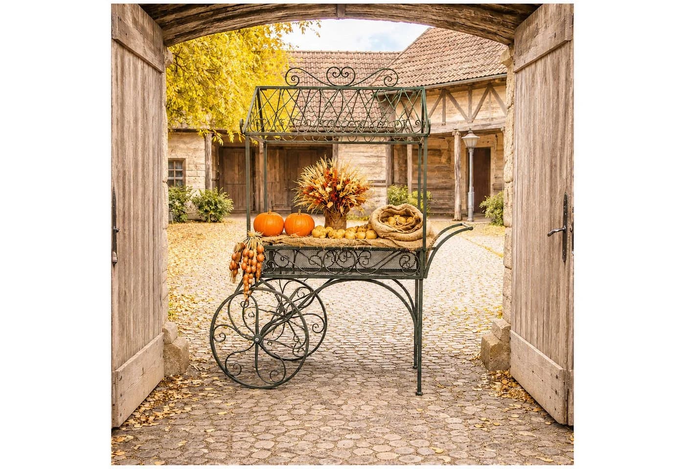 HTI-Living Gartenfigur Marktwagen Verena Grün Vintage Metallwagen auf Rädern