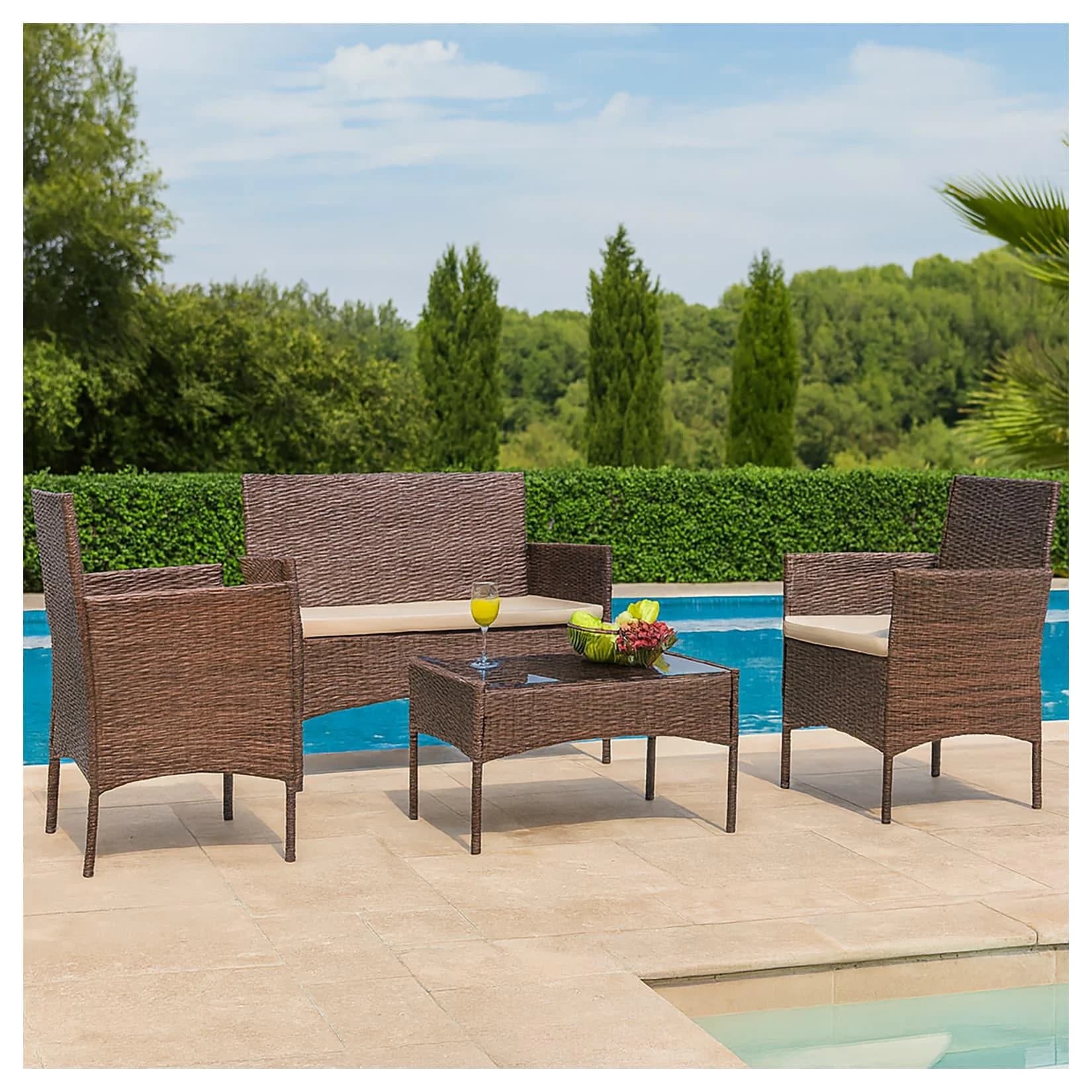 HTI-Living Gartenlounge-Set 4-tlg. Braun Polyrattan mit Glas