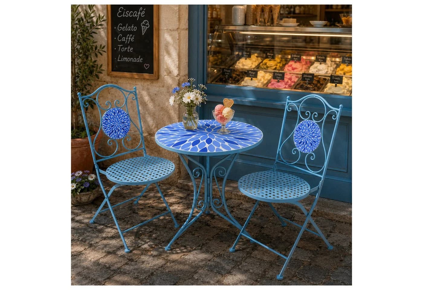 HTI-Living Bistro Set 3-tlg. Metall Blau Blütenmotiv - Bild 5
