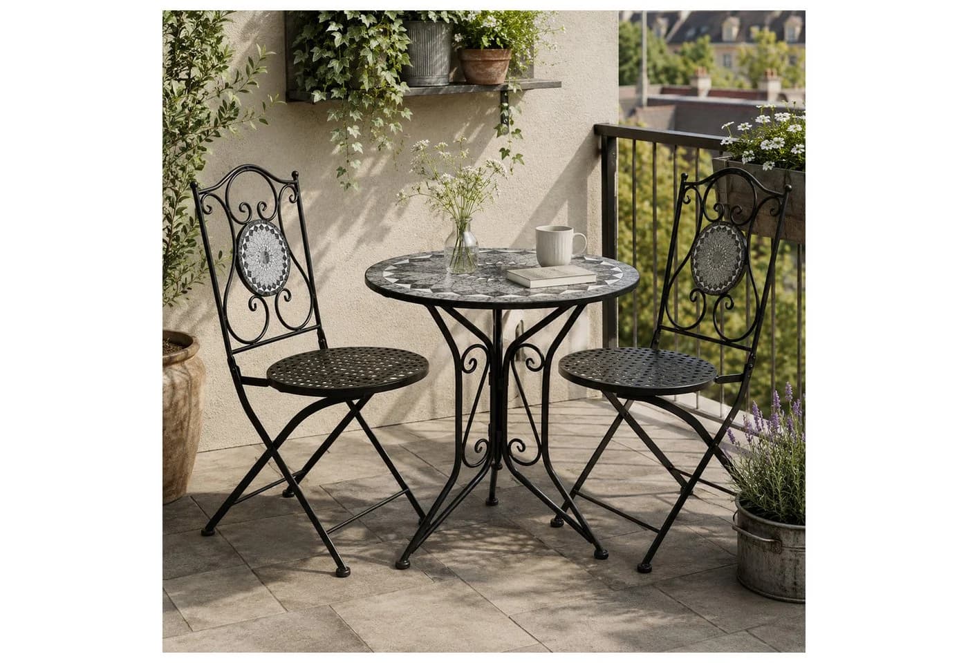 HTI-Living Bistro-Set 3-tlg. Schwarz Metall mit Schiefer-Motiv - Bild 2