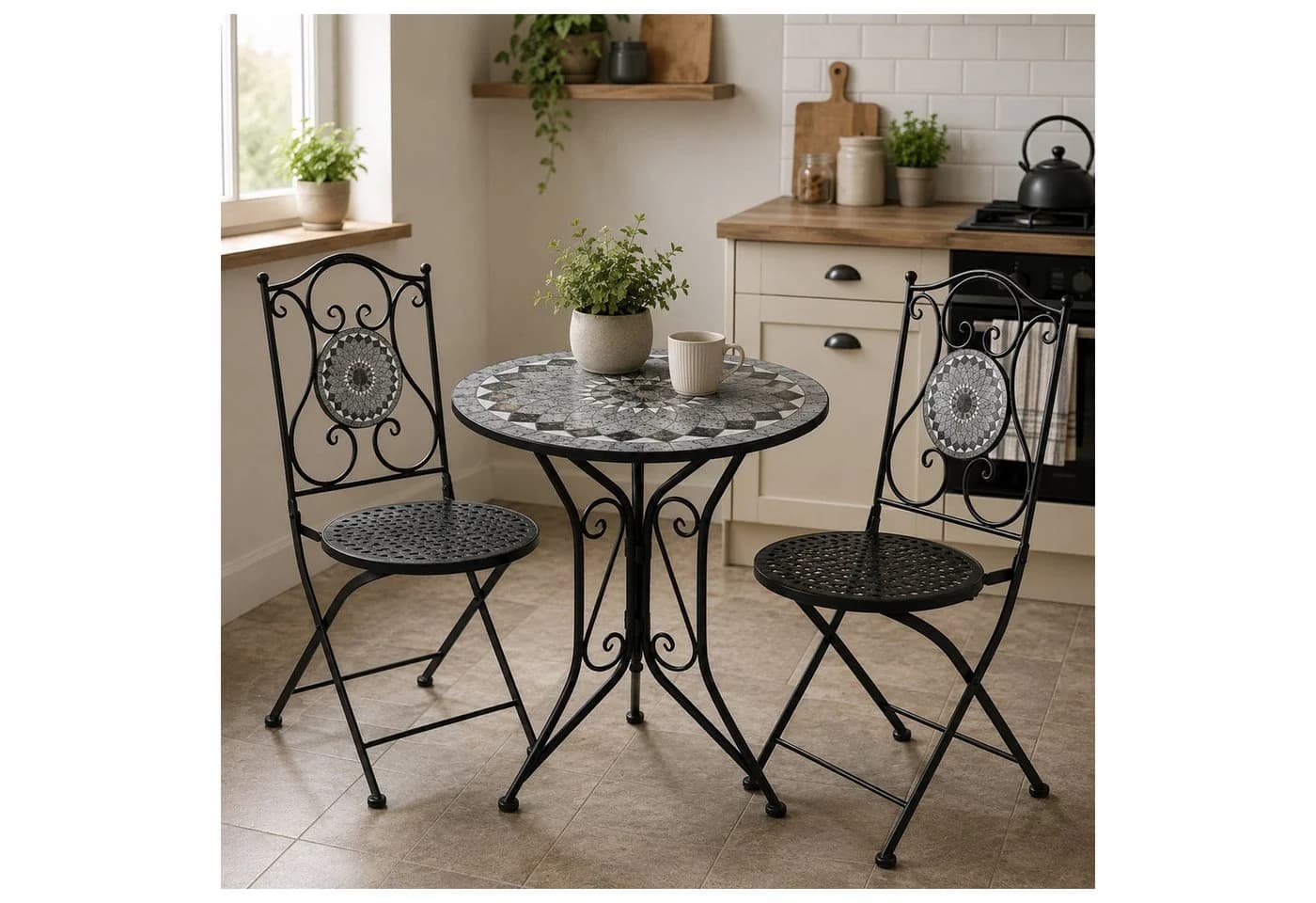 HTI-Living Bistro-Set 3-tlg. Schwarz Metall mit Schiefer-Motiv - Bild 4