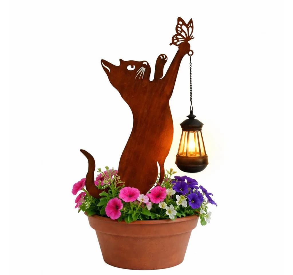 HTI-Living Gartenstecker Katze Metall Rostoptik mit Lampe