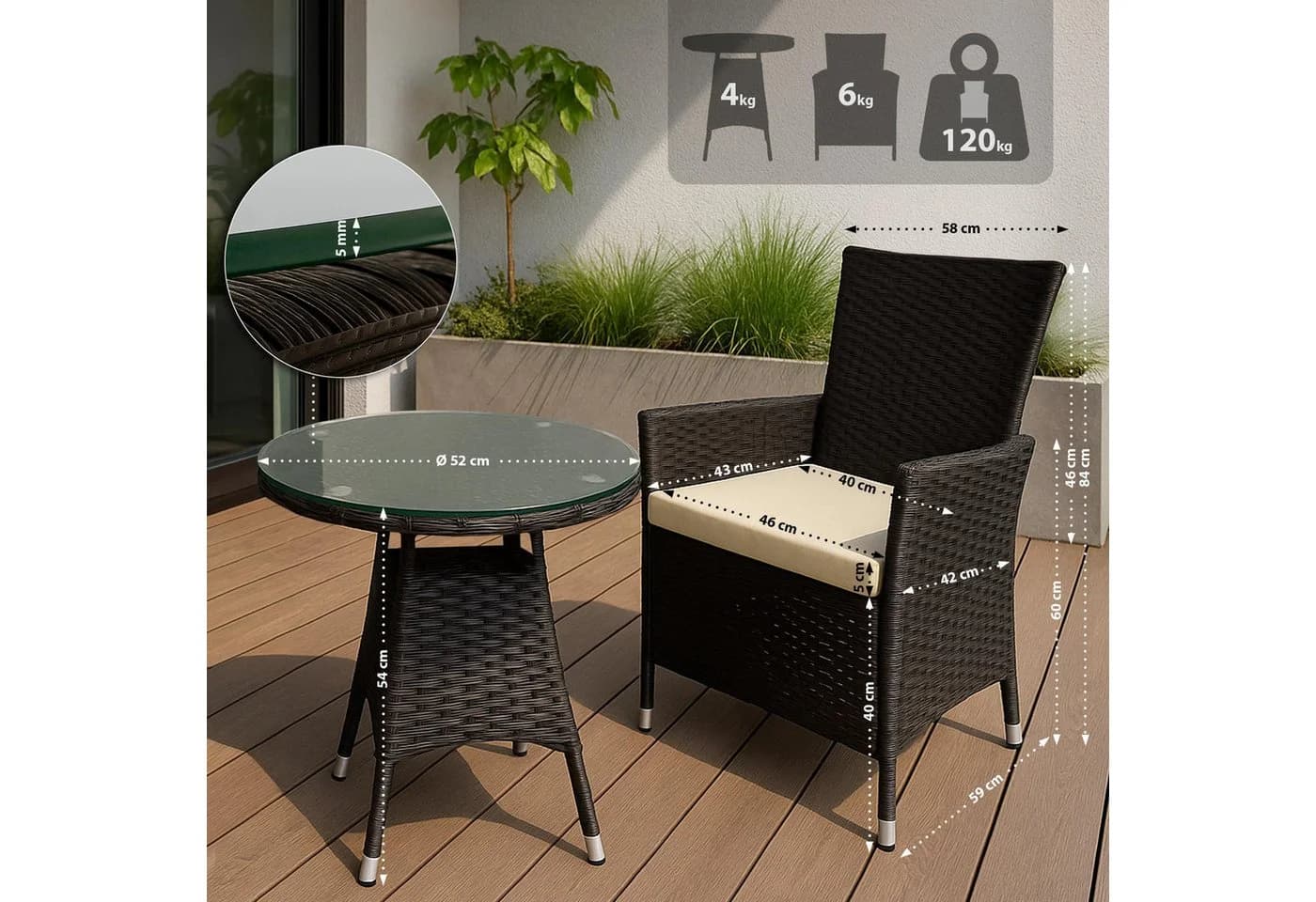 CLP Gartenmöbel-Set Fireda 3-tlg. PE-Rattan mit Kissen & Glas - Bild 2