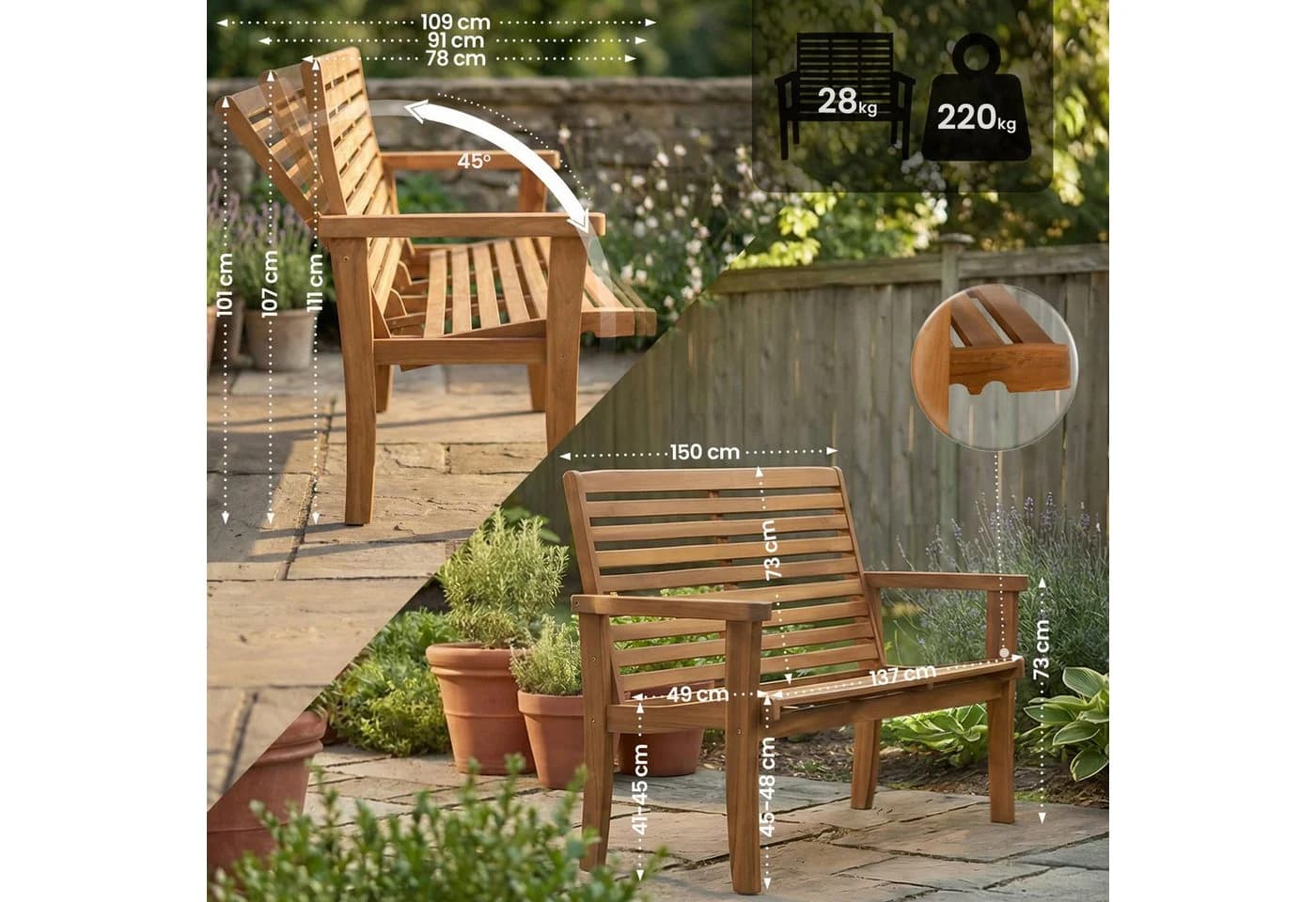CLP Gartenbank Nicosia Teakholz wetterfest mit Liegefunktion