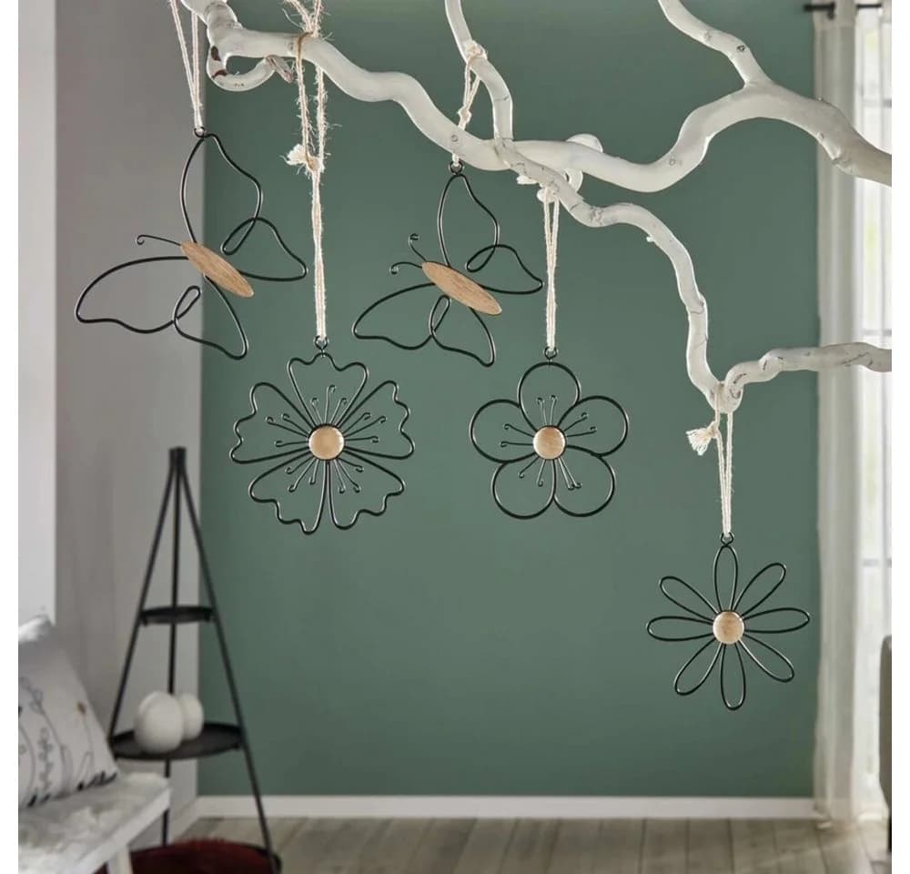 Home-trends24.de Dekohänger Blume Schmetterling Metall Holz 5er Set