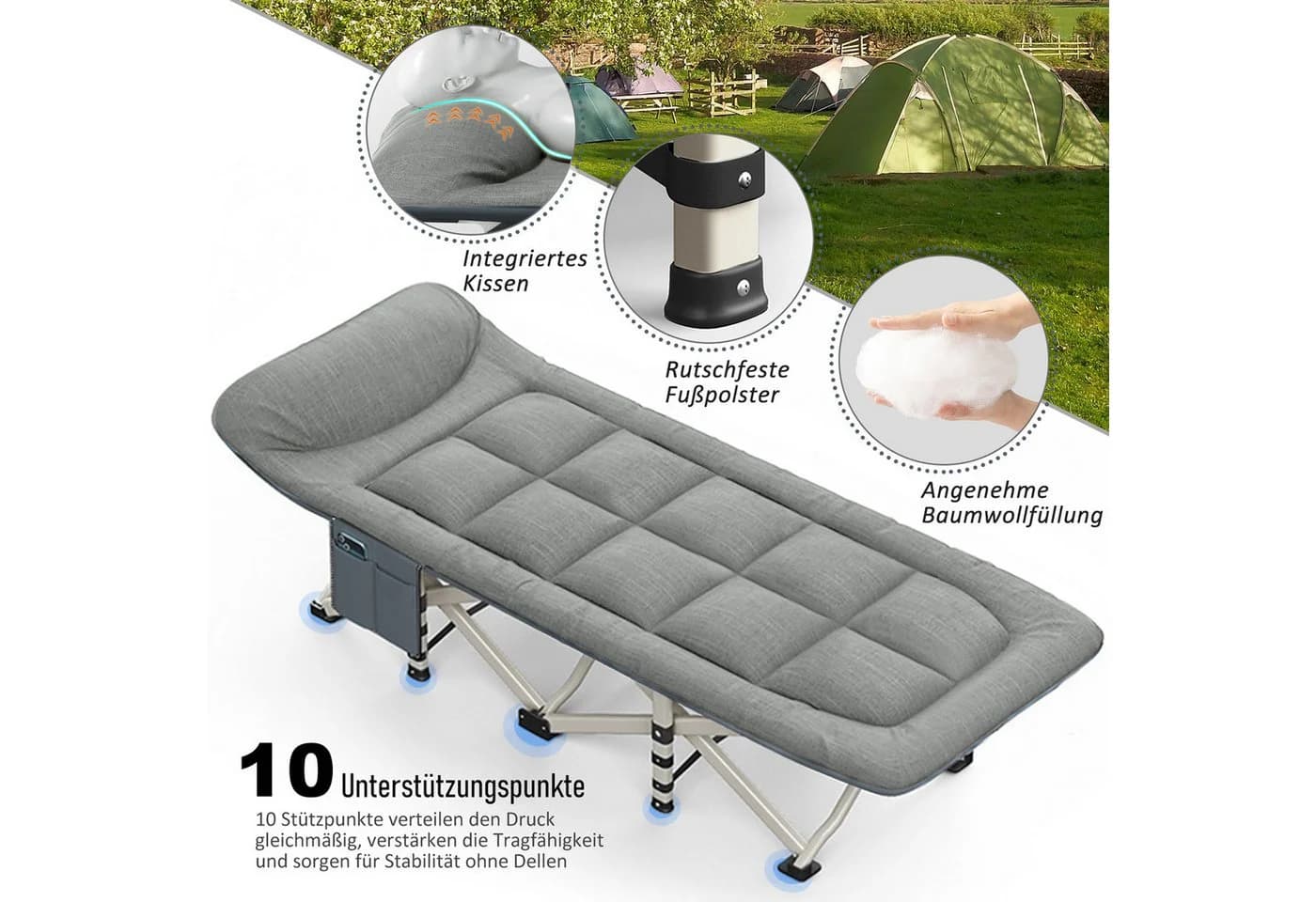 CALIYO Feldbett Campingbett Grau Faltbar mit Kissen - Bild 4
