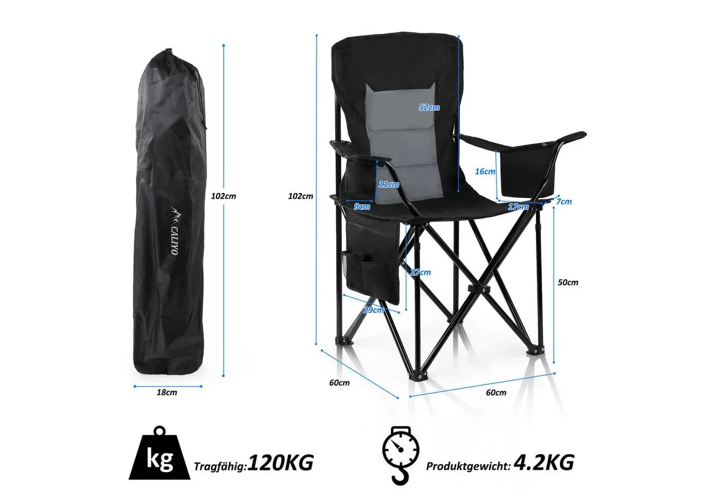 CALIYO Campingstuhl Faltstuhl mit Getränkehalter & Tragetasche Schwarz/Grau - Bild 4