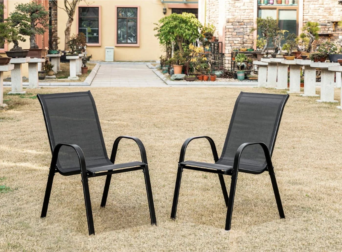 Home Collective 4er Set Gartenstuhl Stapelbar Dunkelgrau Metall
