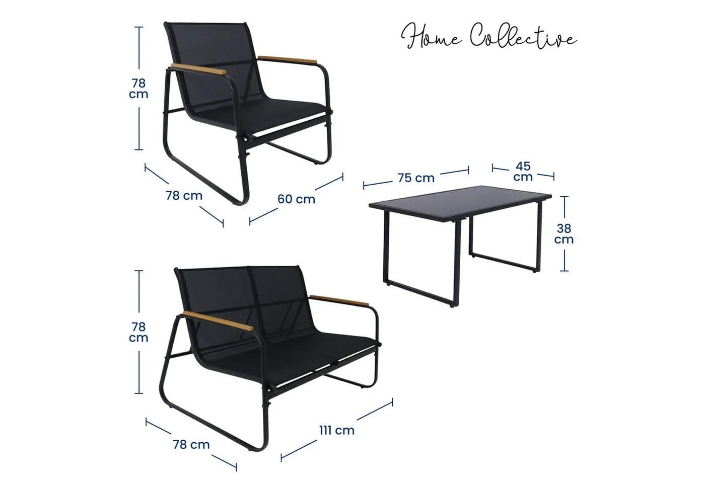 Home Collective Gartenlounge-Set 4-tlg. Schwarz Textilene