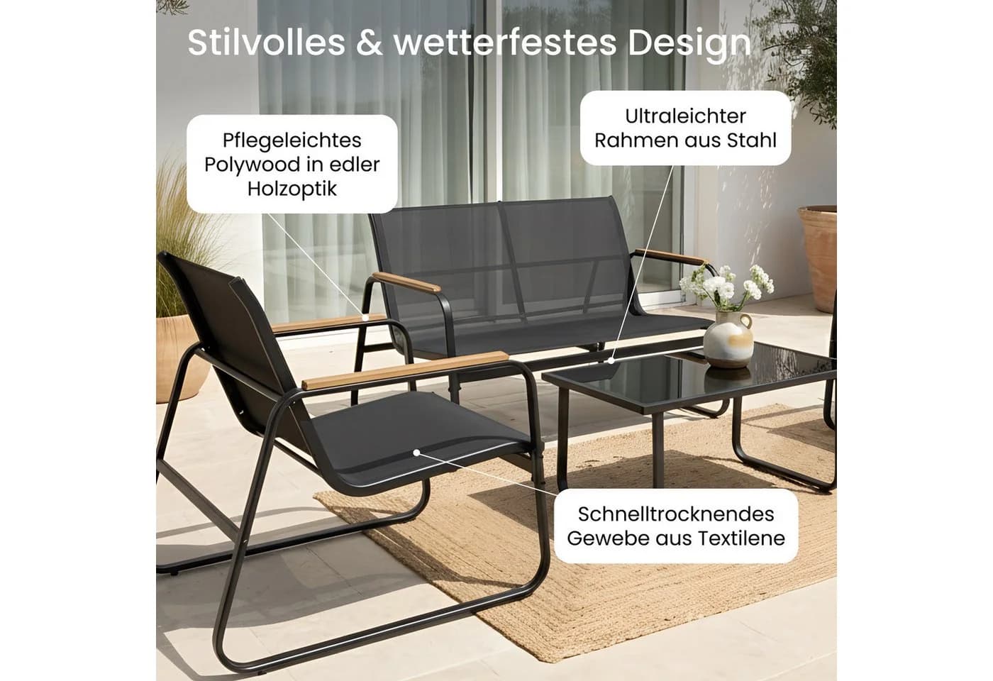 Home Collective Gartenlounge-Set 4-tlg. Schwarz Textilene - Bild 5