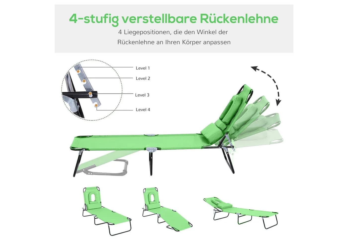 Outsunny Gartenliege mit Lesefenster, 4-fach verstellbare Rückenlehne, Grün - Bild 4