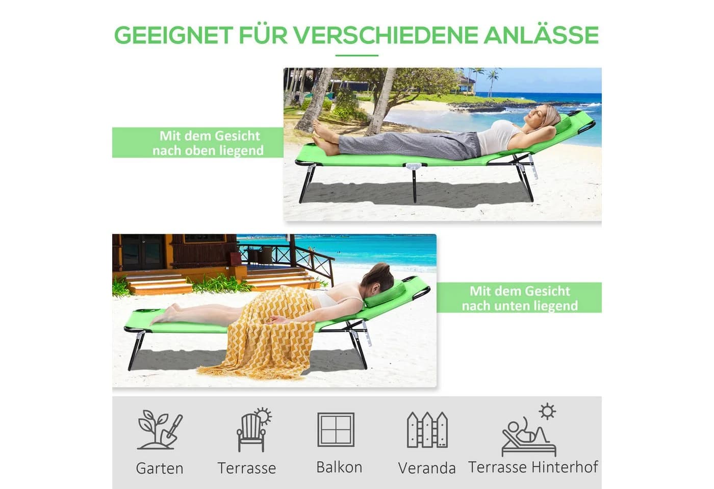 Outsunny Gartenliege mit Lesefenster, 4-fach verstellbare Rückenlehne, Grün - Bild 5
