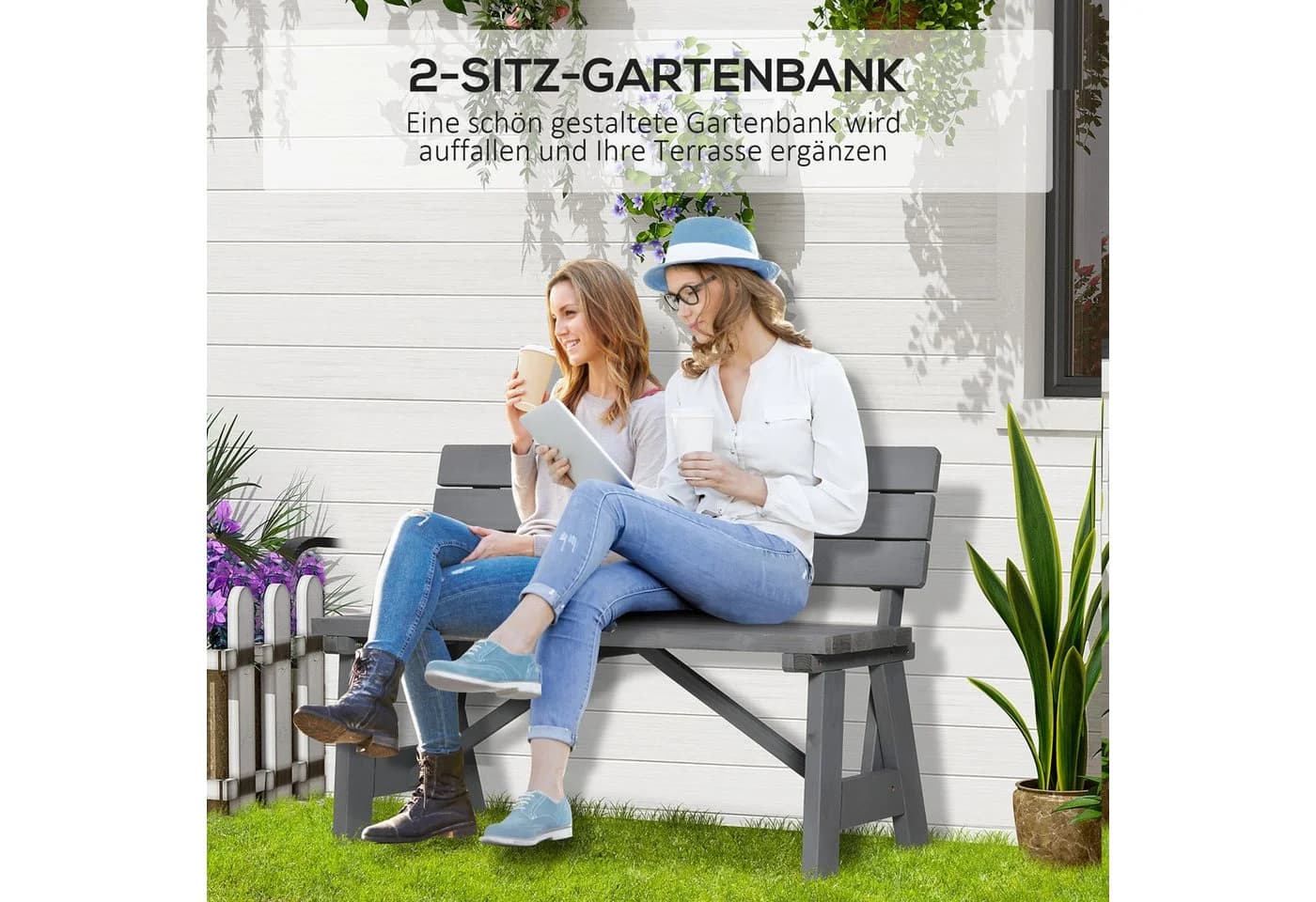 Outsunny Gartenbank Grau 2-Sitzer mit Rückenlehne wetterfest - Bild 4