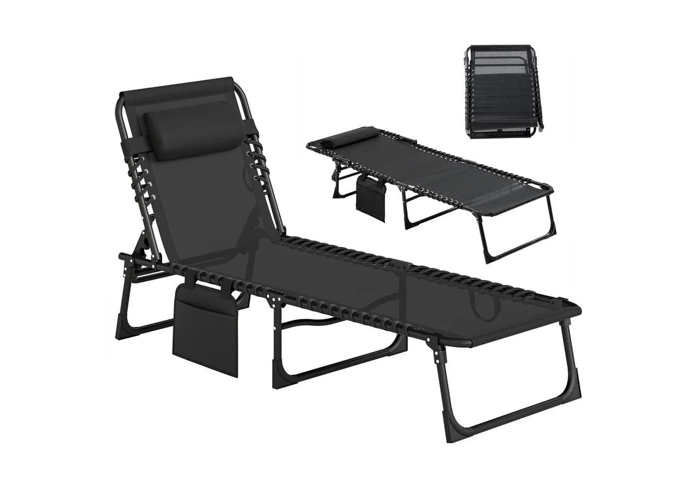 Outsunny Gartenliege mit Kopfkissen, Seitentasche, 5-fach verstellbare Rückenlehne, klappbar, Schwarz