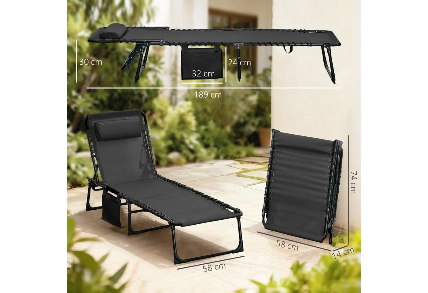 Outsunny Gartenliege mit Kopfkissen, Seitentasche, 5-fach verstellbare Rückenlehne, klappbar, Schwarz - Bild 3