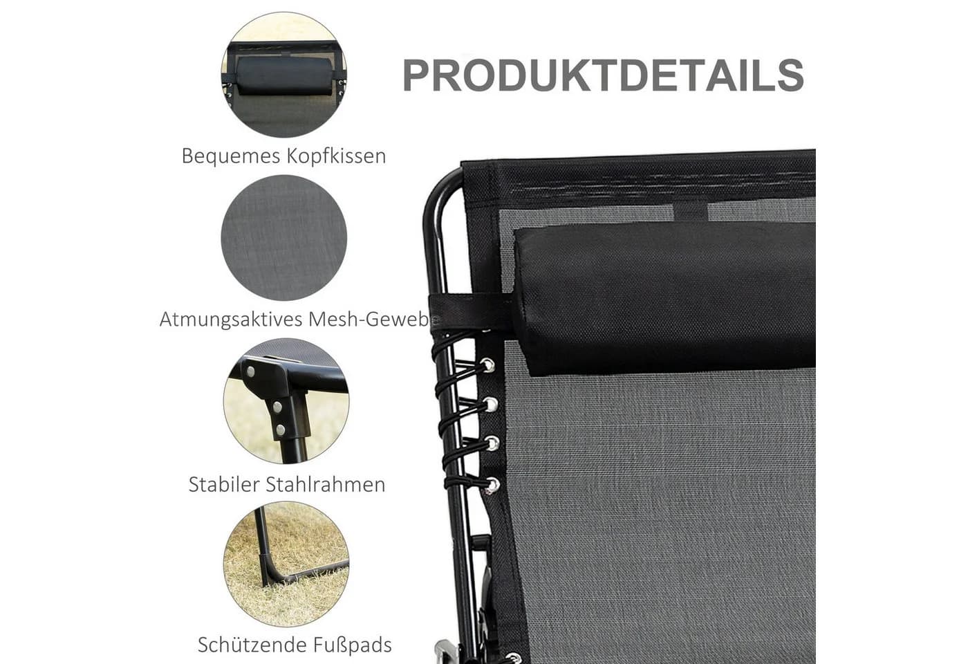 Outsunny Gartenliege mit Kopfkissen, Seitentasche, 5-fach verstellbare Rückenlehne, klappbar, Schwarz - Bild 5