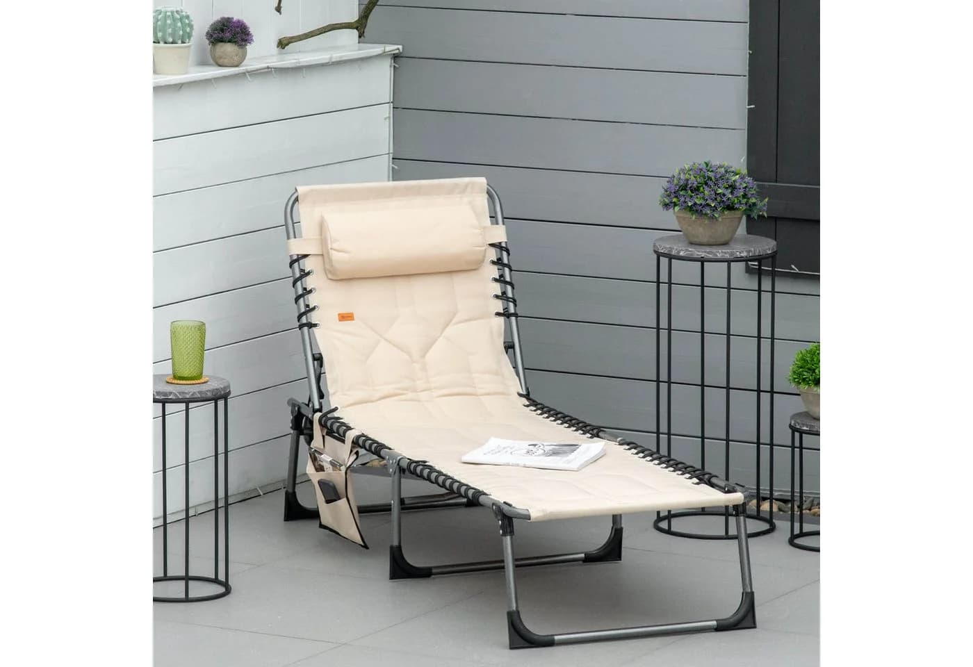Outsunny Gartenliege klappbar mit Kopfkissen, 5-fach verstellbar, Beige - Bild 2