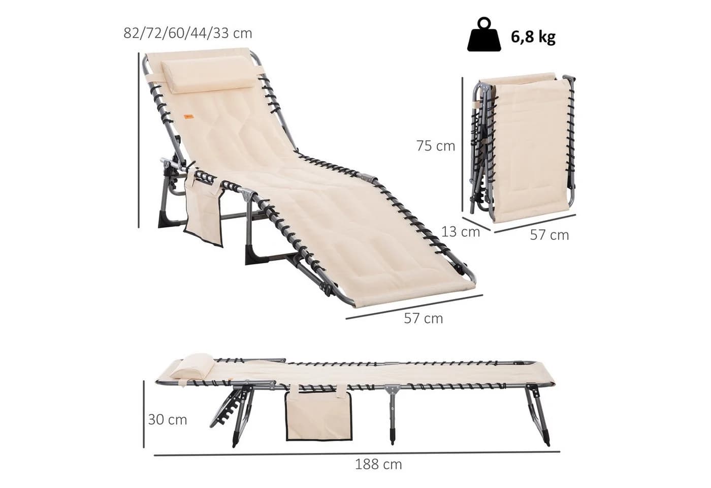 Outsunny Gartenliege klappbar mit Kopfkissen, 5-fach verstellbar, Beige - Bild 3