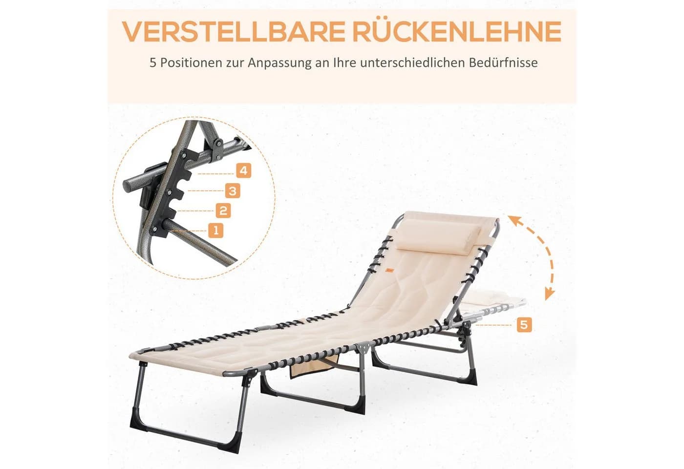 Outsunny Gartenliege klappbar mit Kopfkissen, 5-fach verstellbar, Beige - Bild 4