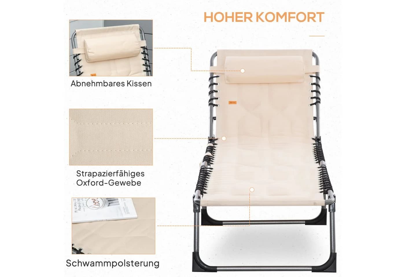 Outsunny Gartenliege klappbar mit Kopfkissen, 5-fach verstellbar, Beige - Bild 5
