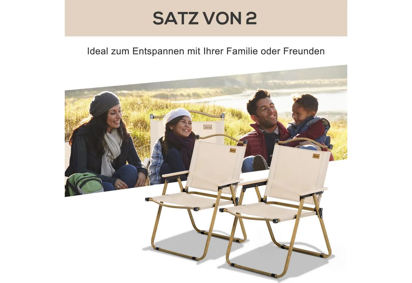 Outsunny Campingstuhl 2er Set Klappbar Khaki Stahl - Bild 4