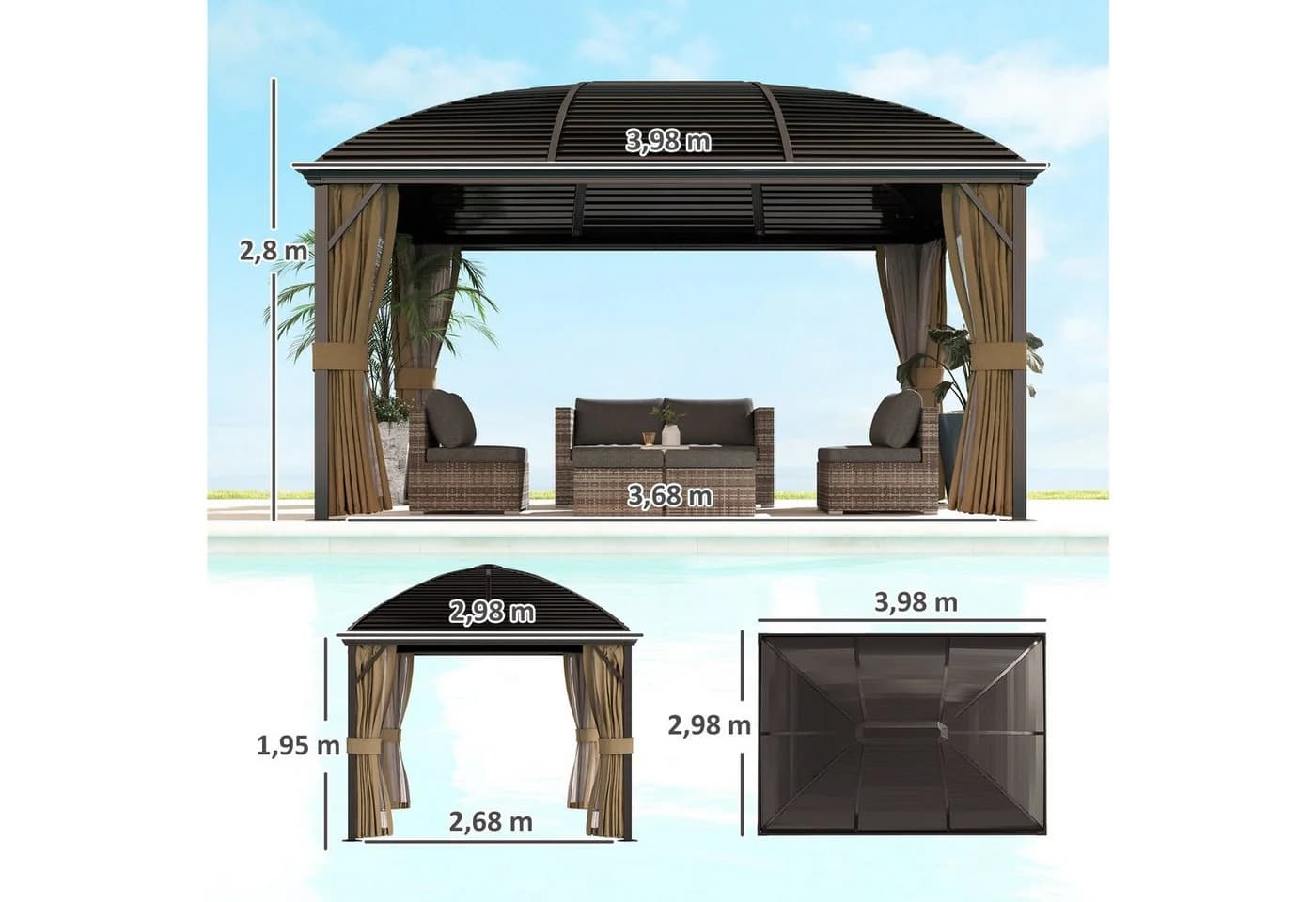 Outsunny Gartenpavillon 4x3m mit Hardtop, Moskitonetz & Seitenteilen, Braun - Bild 3