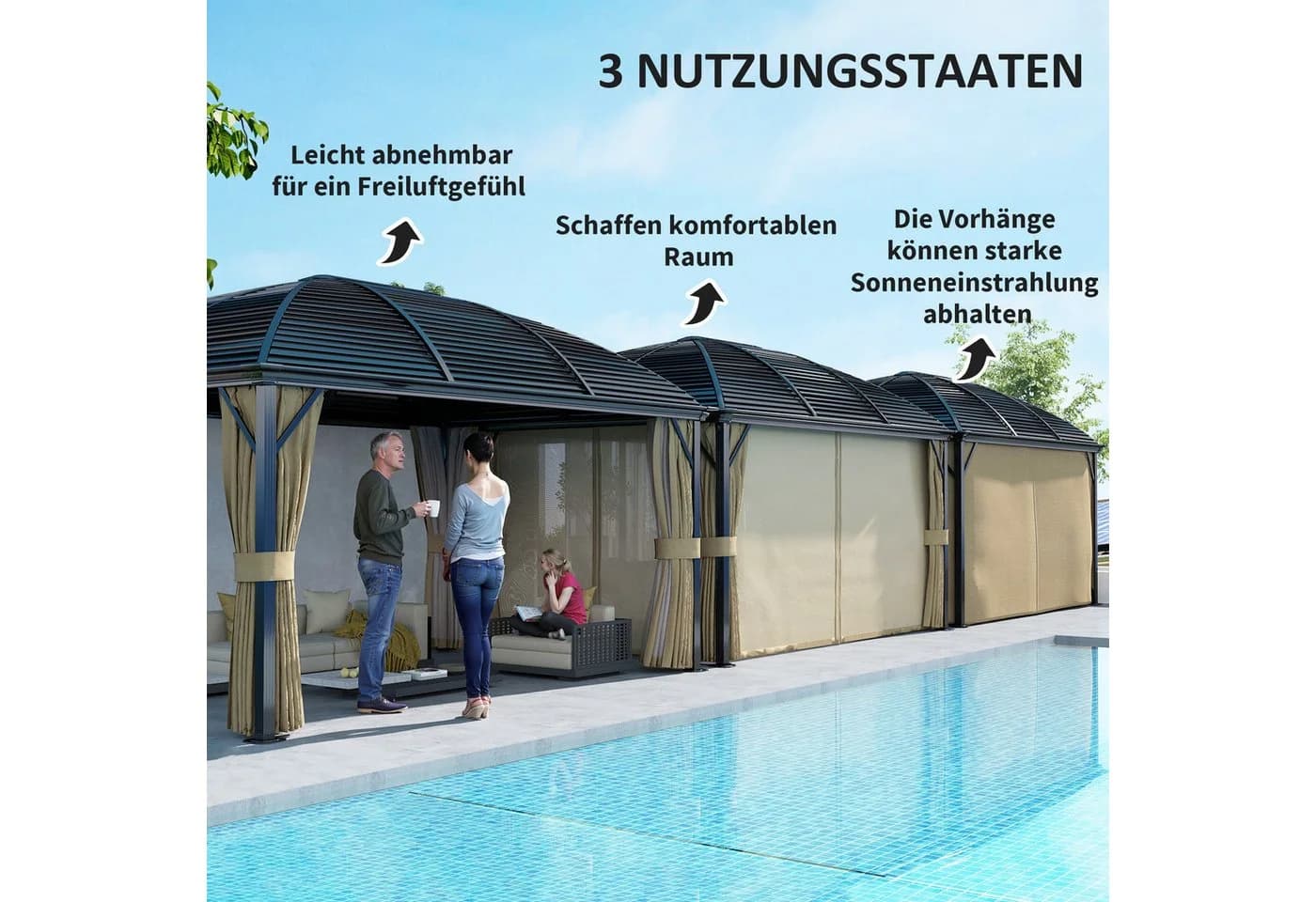 Outsunny Gartenpavillon 4x3m mit Hardtop, Moskitonetz & Seitenteilen, Braun - Bild 4
