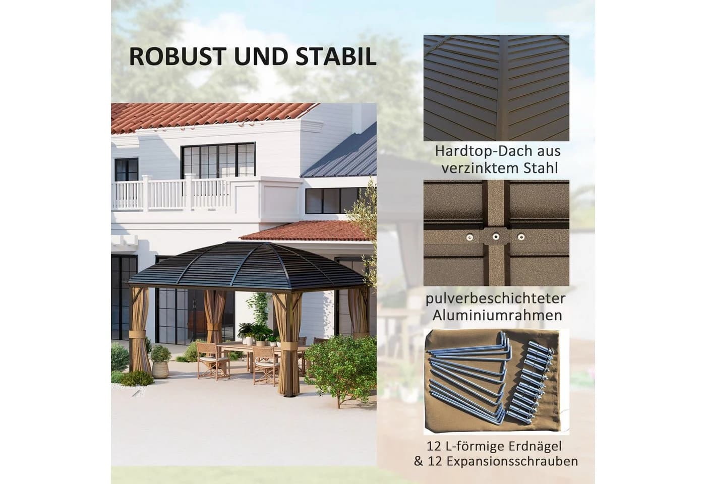 Outsunny Gartenpavillon 4x3m mit Hardtop, Moskitonetz & Seitenteilen, Braun - Bild 5