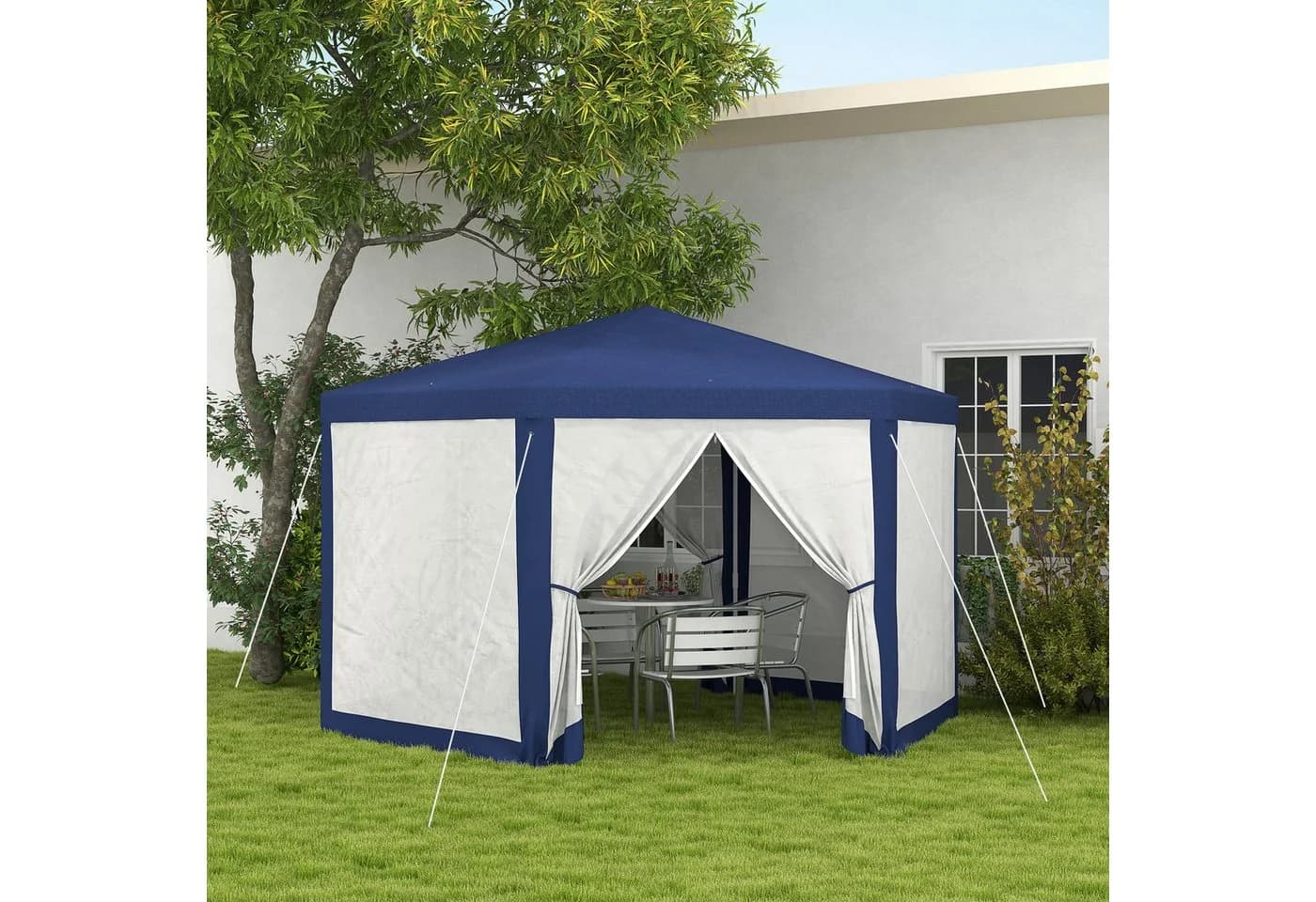 Outsunny Sechseckiger Pavillon Blau wasserabweisend mit Moskitonetz - Bild 2