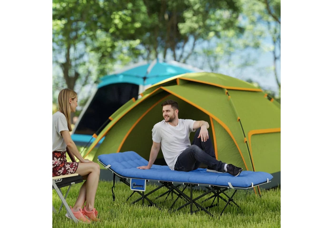 Outsunny Faltbares Campingbett mit Matratze und Seitentasche Blau - Bild 2