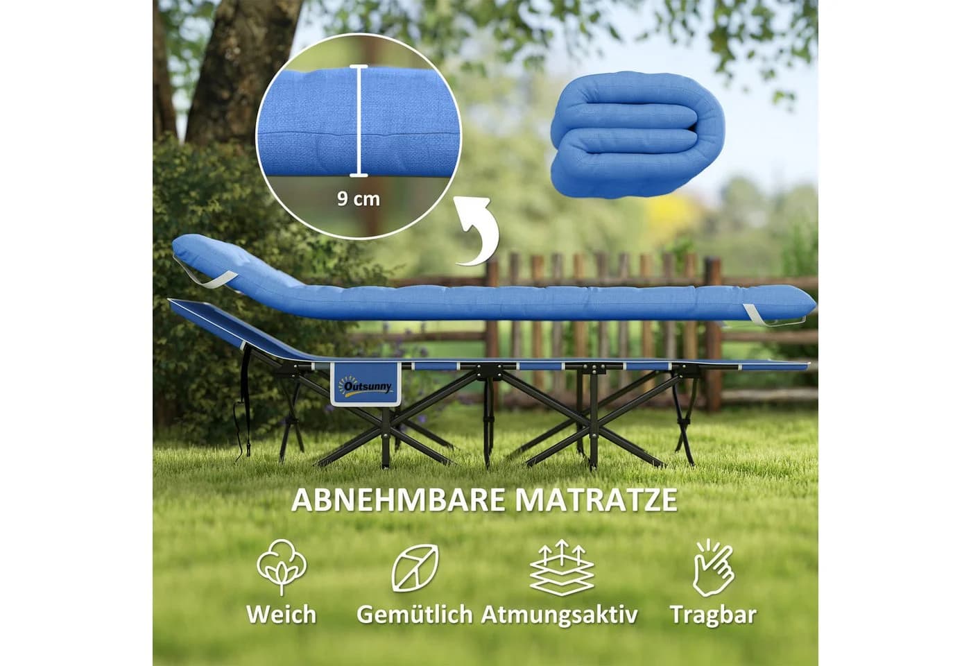 Outsunny Faltbares Campingbett mit Matratze und Seitentasche Blau - Bild 4