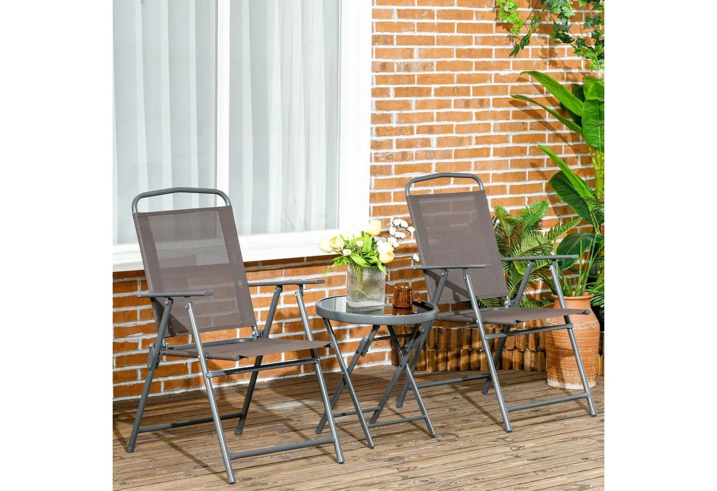 Outsunny Balkonset 3-teilig Braun Metall mit klappbarem Glastisch - Bild 2