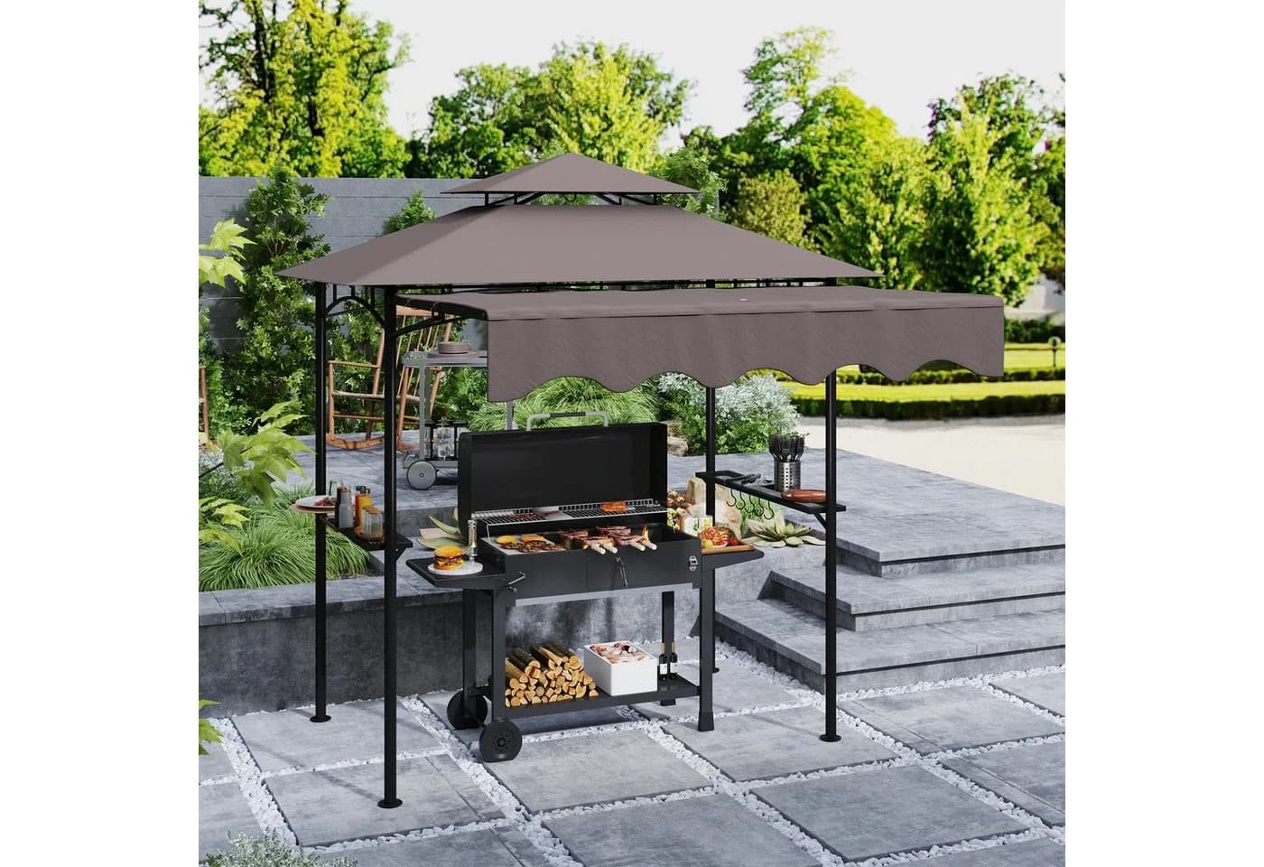 Outsunny Grillpavillon mit Doppelschichtdach und Seitenregalen - Bild 2