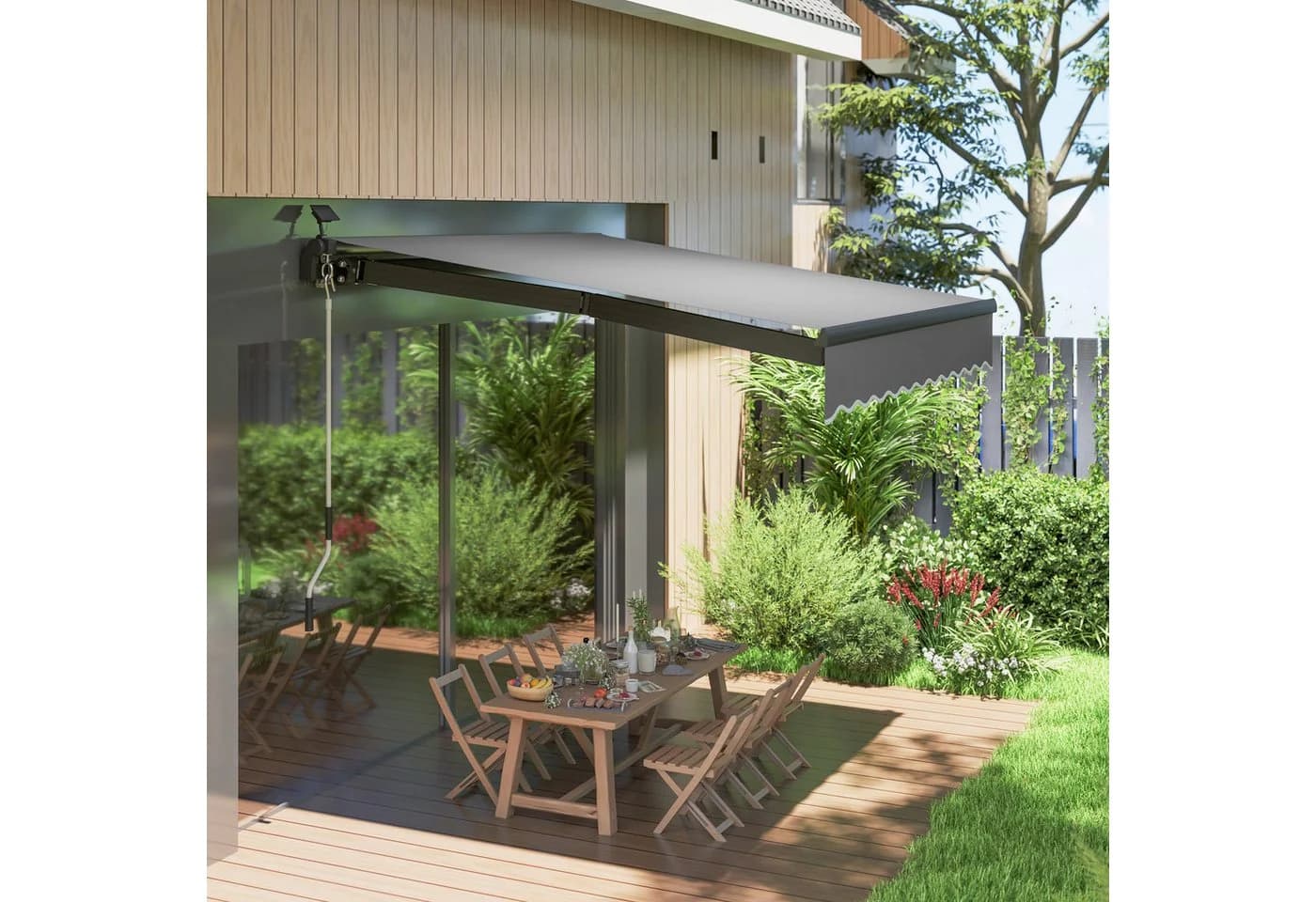 Outsunny Markise mit Handkurbel und Solar-LEDs Grau