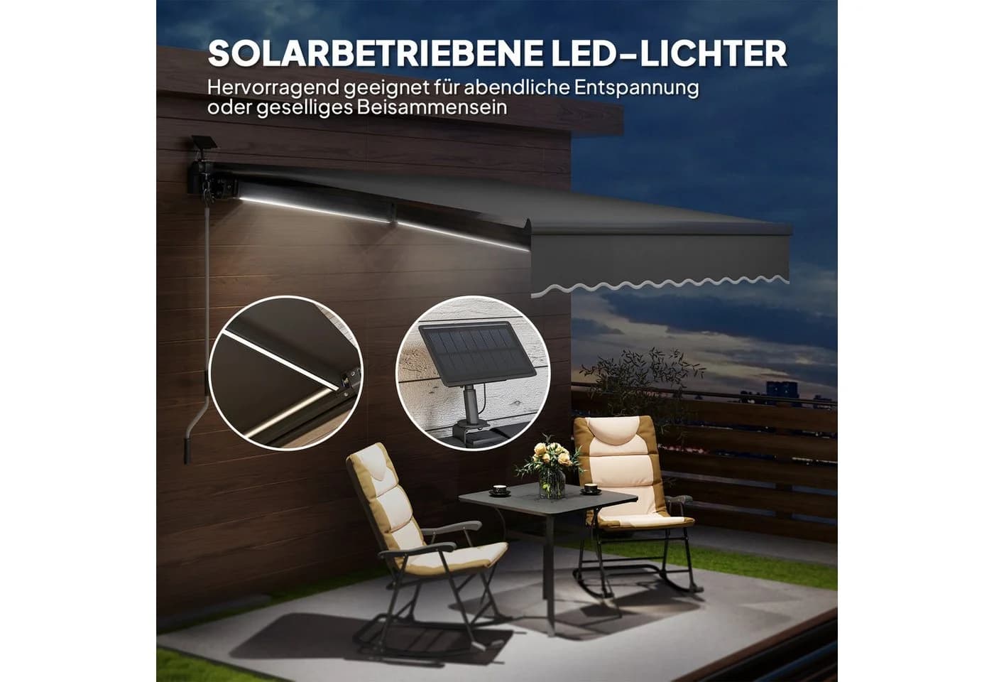 Outsunny Markise mit Handkurbel und Solar-LEDs Grau - Bild 4
